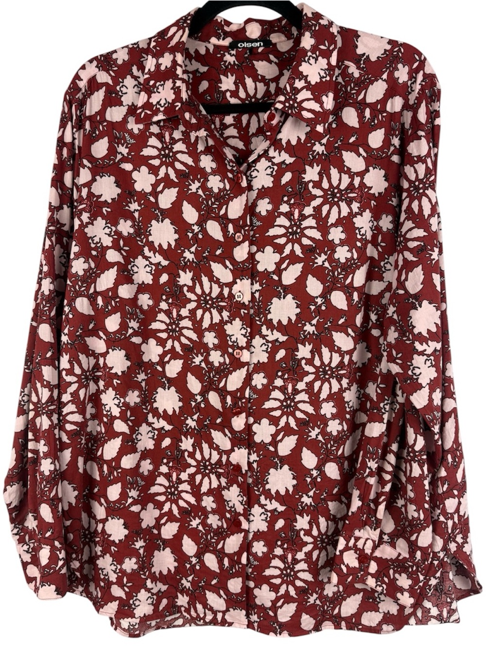 Olsen Floral Button Down Shirt Blouse Rust Red Pink Cotton Viscose Size L / 14